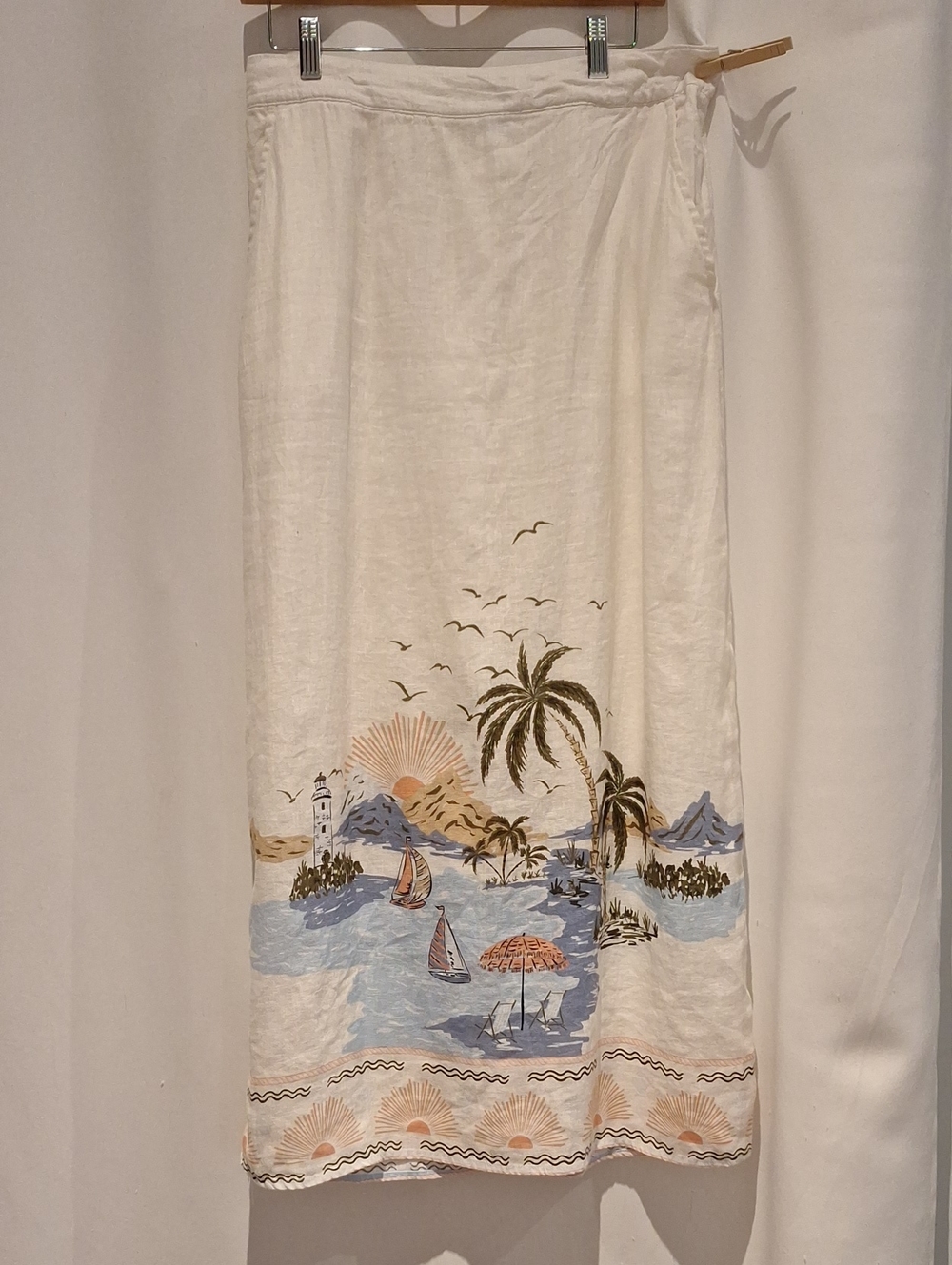 Cynthia Rowlet Beach Scene Print Linen Maxi Skirt